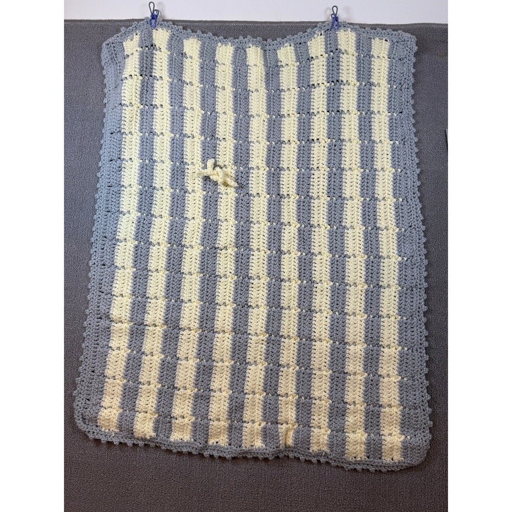 Handmade Crochet Baby Blanket Unisex 29x36 Grey Yellow Good Striped Knit Throw